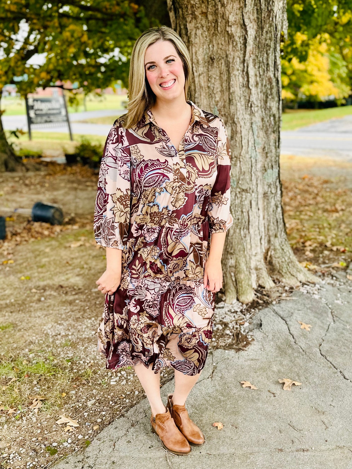 Curvy Brown Paisley Print  Midi Dress