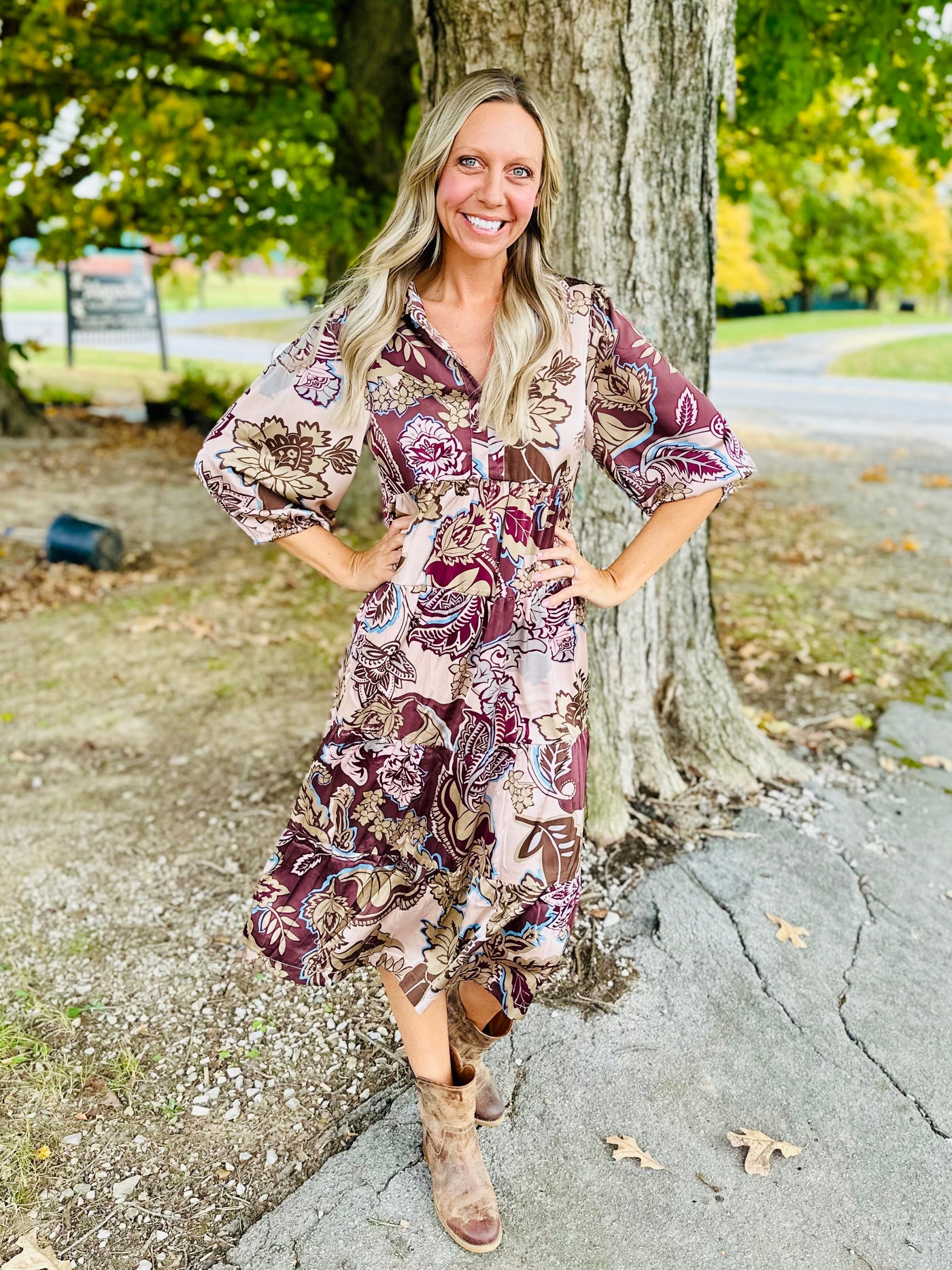 Brown Paisley Print Satin Midi Dress