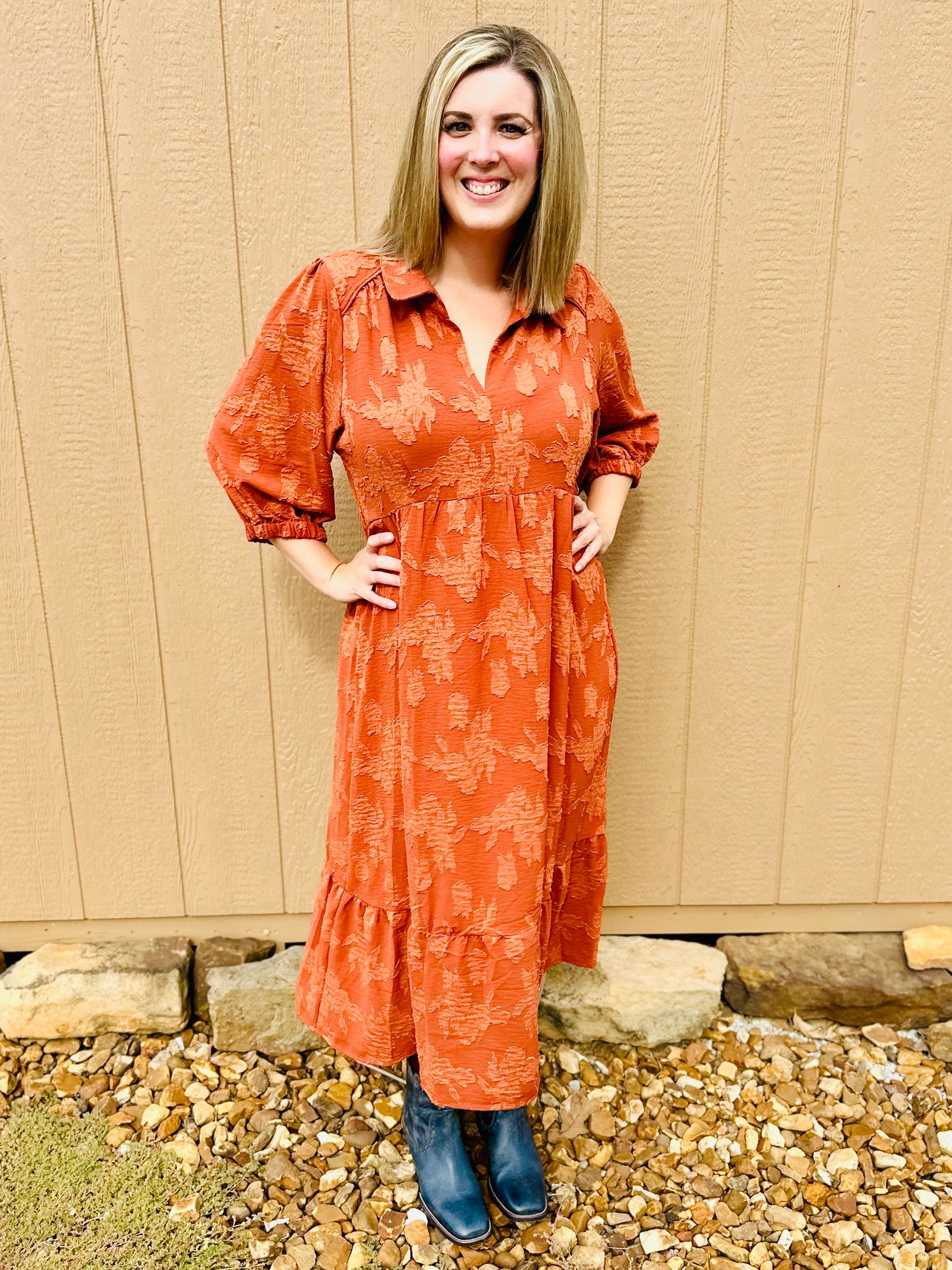 Curvy Rust Floral Burnout Midi Dress