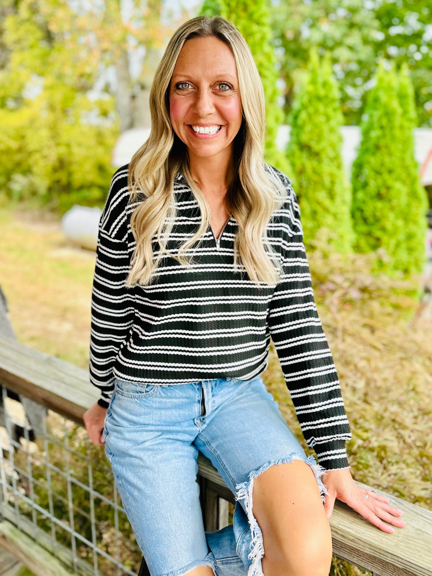 Striped Half Zip Long Sleeve Top