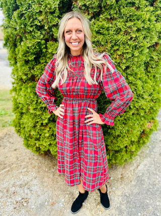 Curvy Red Plaid Frilled Mock Neck Dress Final Sale