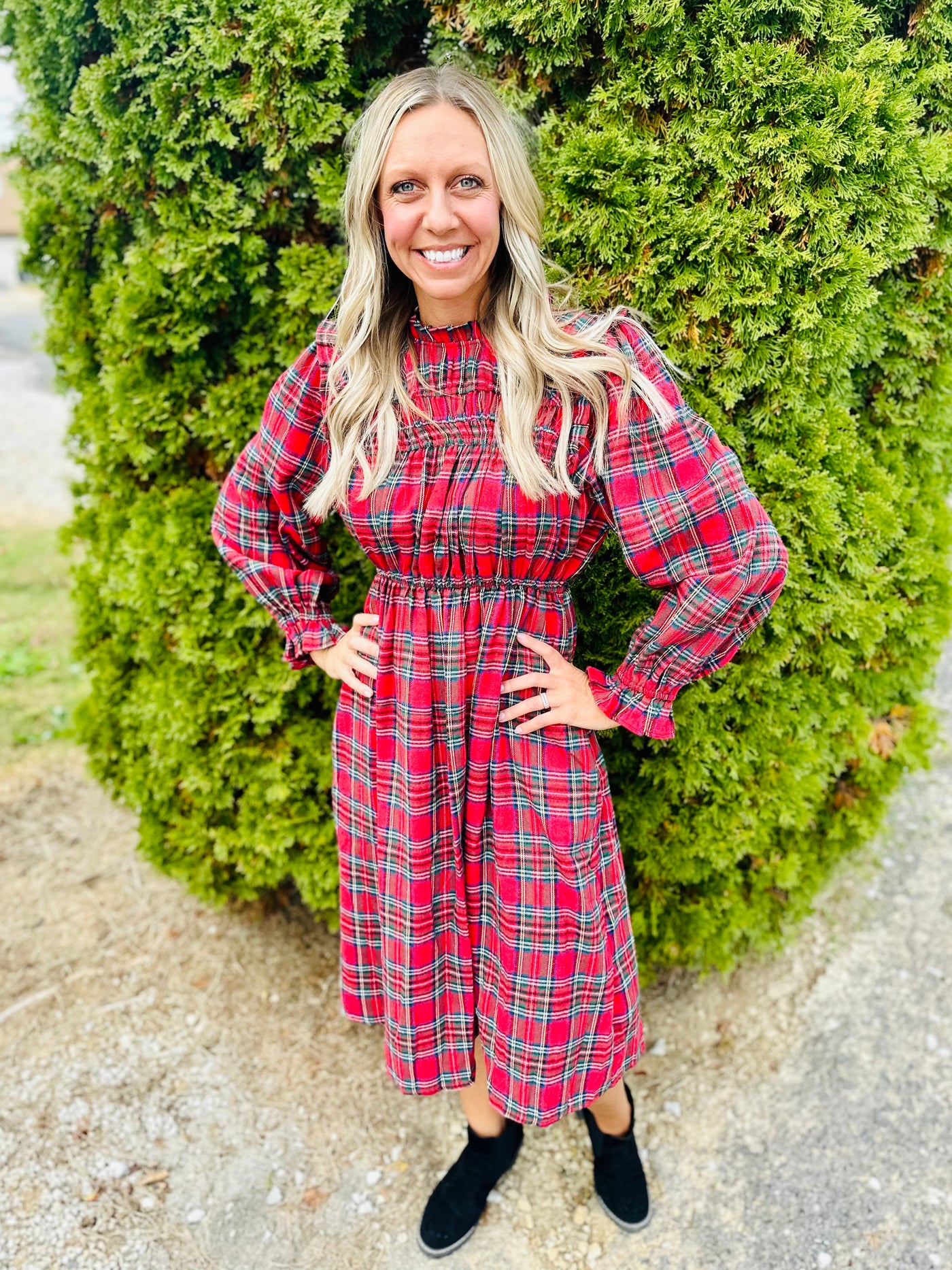 Curvy Red Plaid Frilled Mock Neck Dress