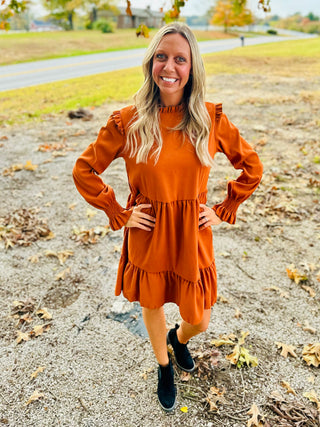 Rust Frill Round Neck Long Sleeve Mini Dress Final Sale