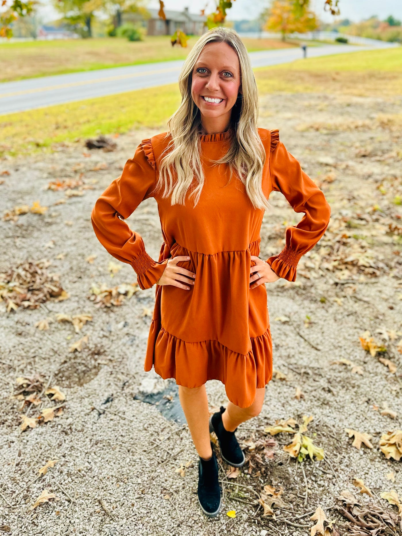 Caramel Frill Round Neck Long Sleeve Mini Dress