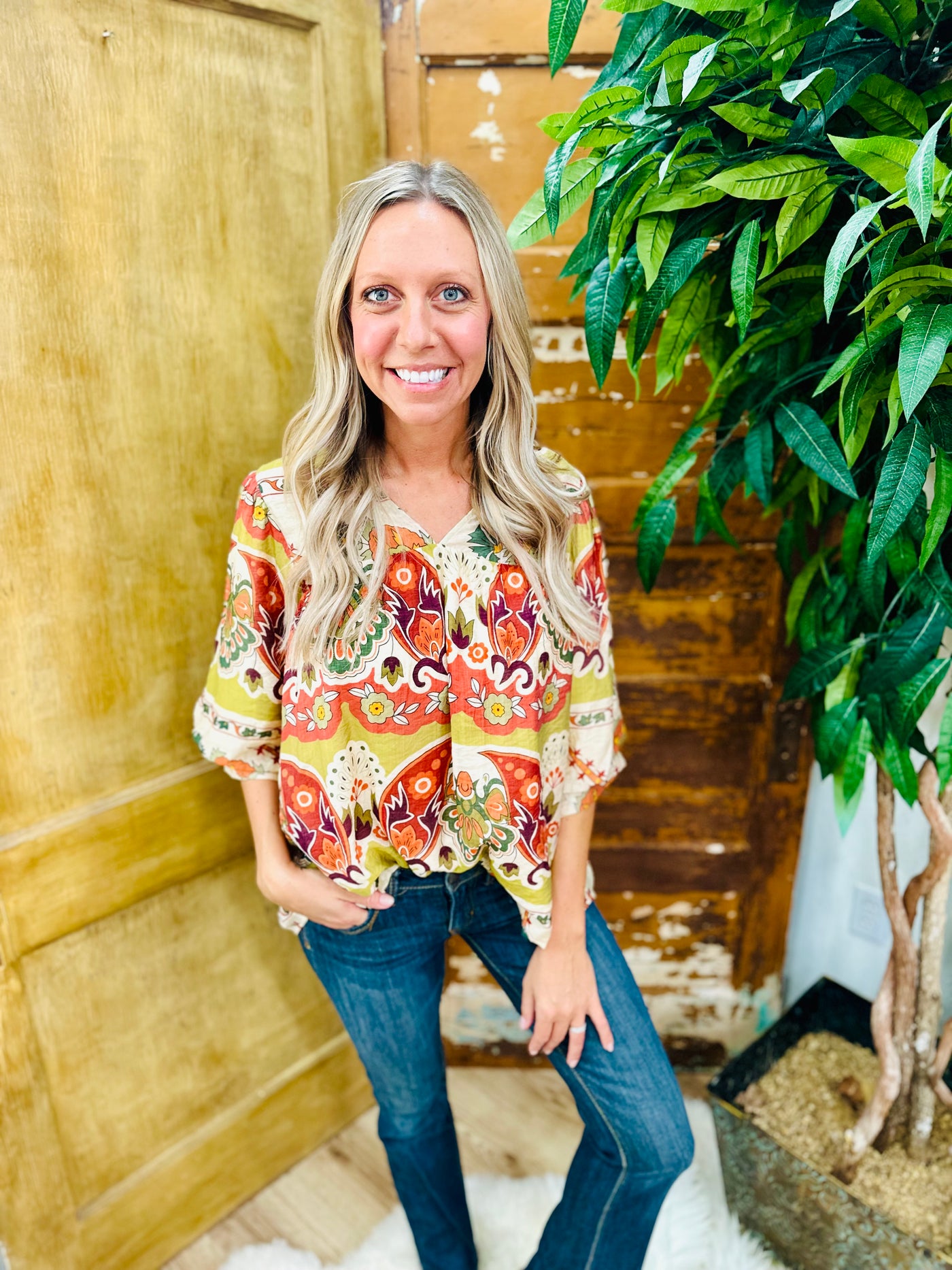 Green Split Neck Print Top