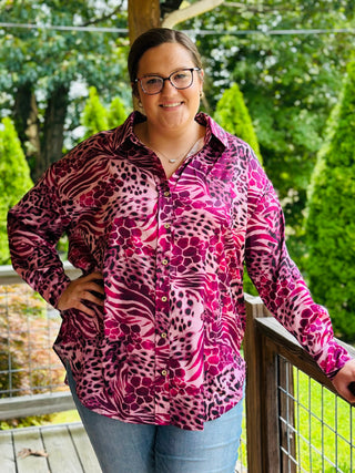 Curvy Orchid Button-Up Satin Leopard Print Top Final Sale