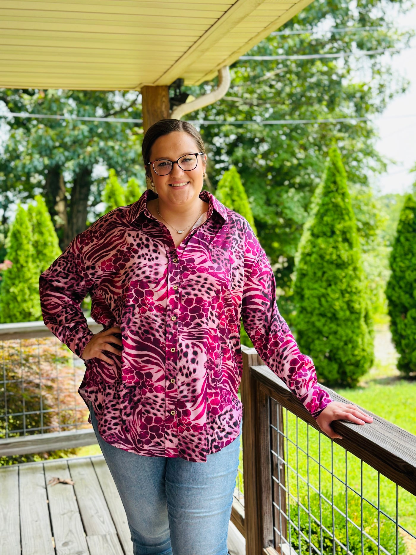 Curvy Orchid Button-Up Satin Leopard Print Top