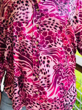 Curvy Orchid Button-Up Satin Leopard Print Top Final Sale