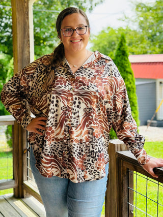 Curvy Brown Button-Up Satin Leopard Print Top Final Sale
