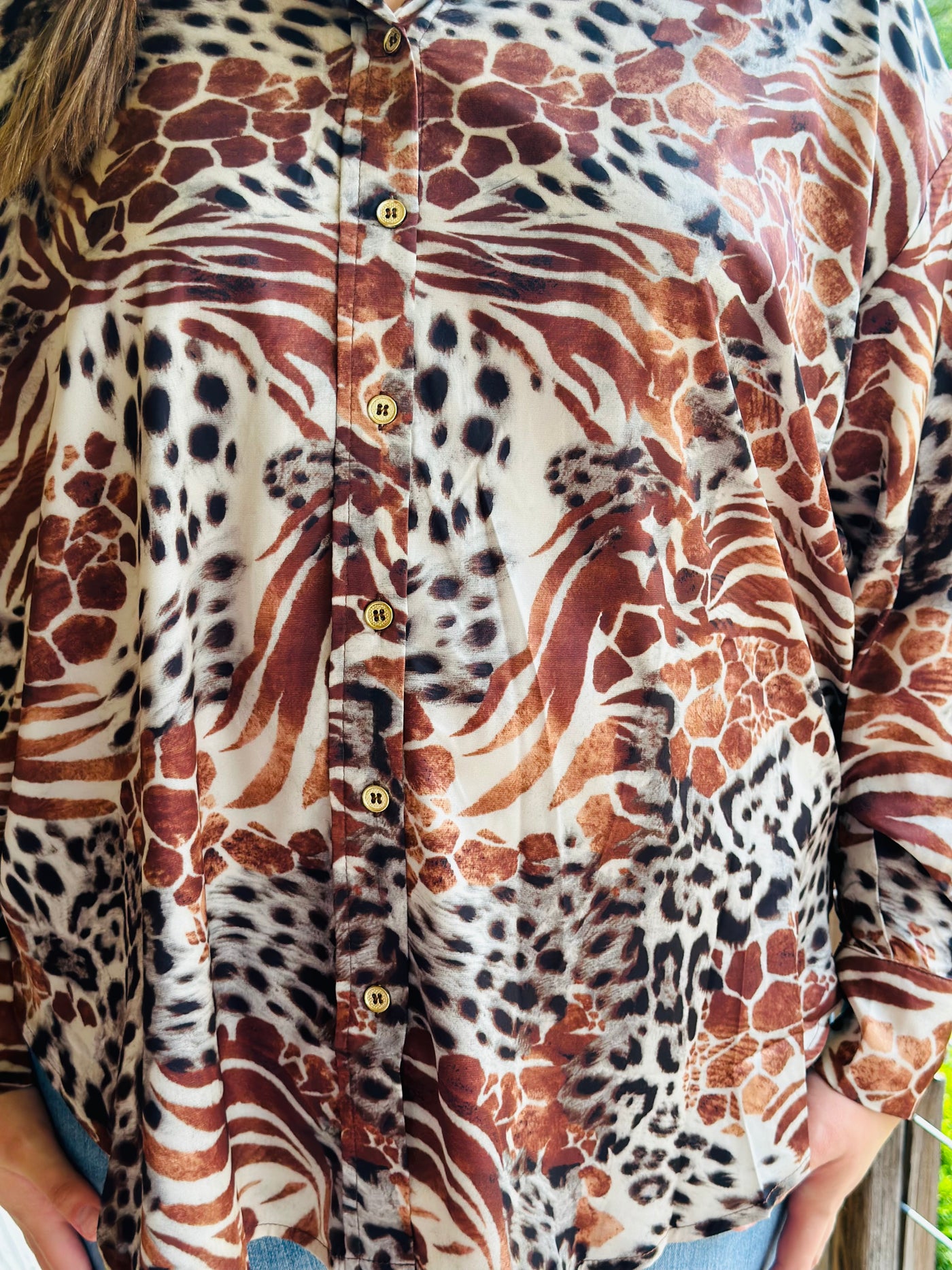 Curvy Brown Button-Up Satin Leopard Print Top