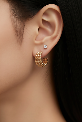 Tarnish Resistant 3 Strand Gold Beaded Hoop Earrings
