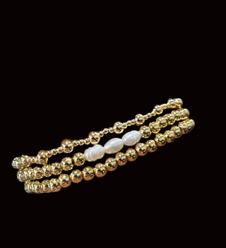 Set of 3 Tarnish Resistant Gold Bead and Water Pearls Bracelet Set