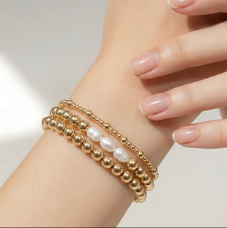 Set of 3 Tarnish Resistant Gold Bead and Water Pearls Bracelet Set