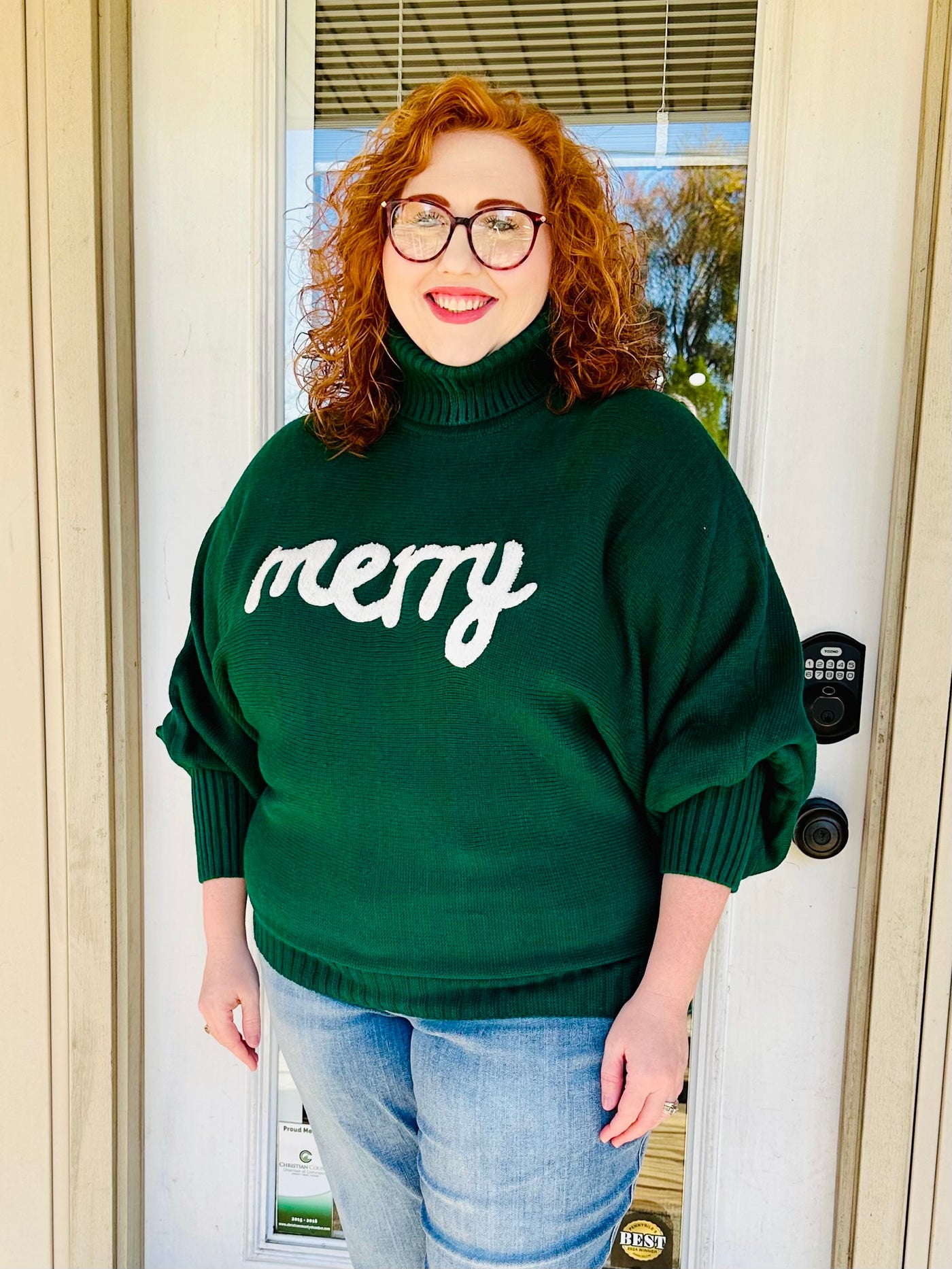 Evergreen Merry Christmas Turtleneck Long Sleeve Sweater