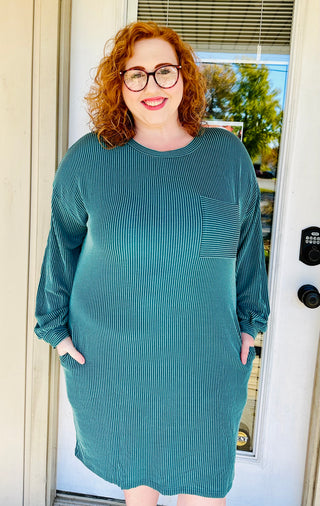 Dark Green Textured Round Neck Long Sleeve Mini Dress w Pockets Final Sale