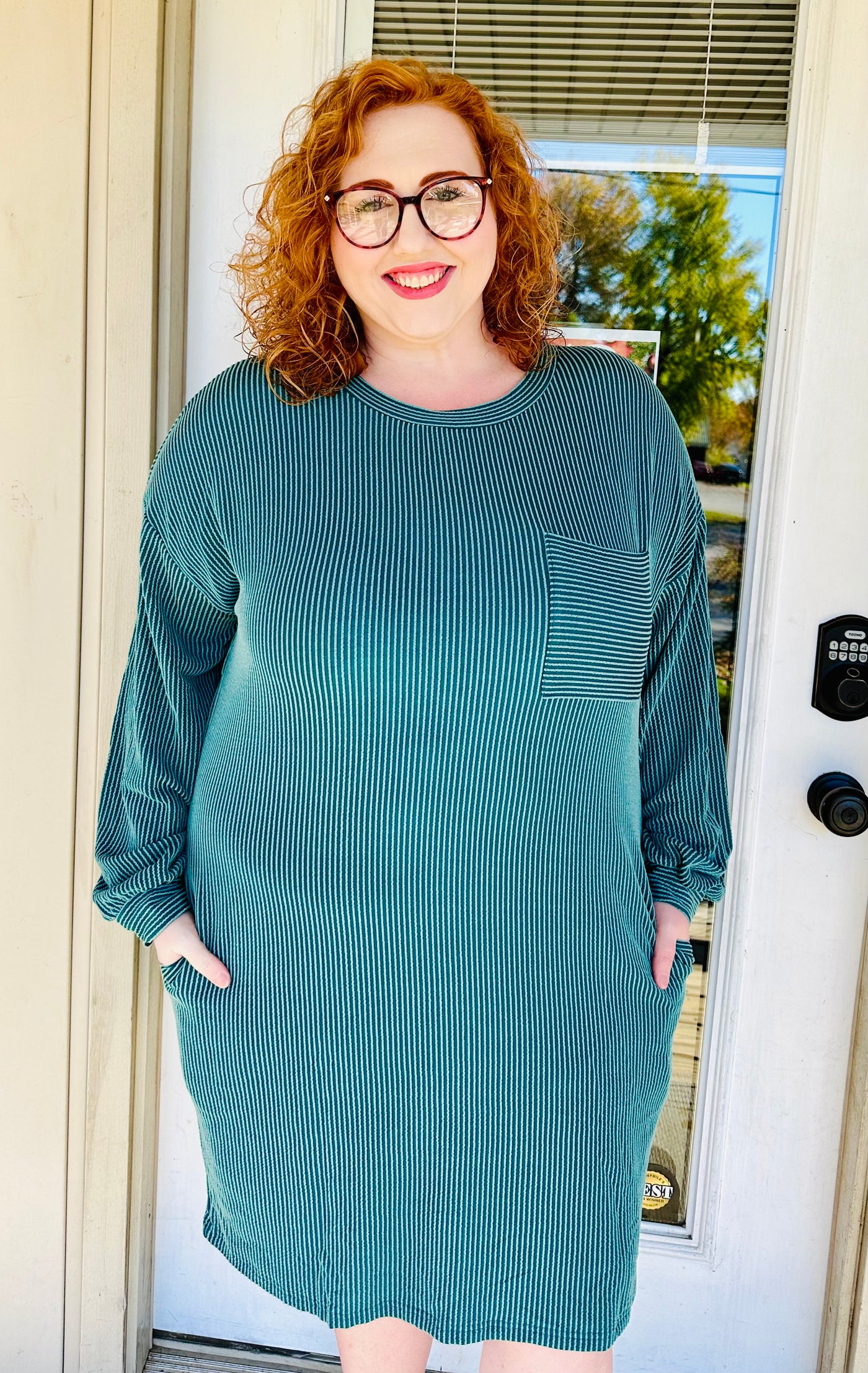 Dark Green Textured Round Neck Long Sleeve Mini Dress w Pockets Final Magnolia Too Boutique Dark Green Textured Round Neck Long Sleeve Mini Dress w Pockets Final Magnolia Too Boutique