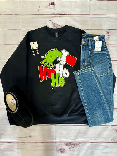 Ho Ho Ho Grinch Chenille Sweatshirt on Black