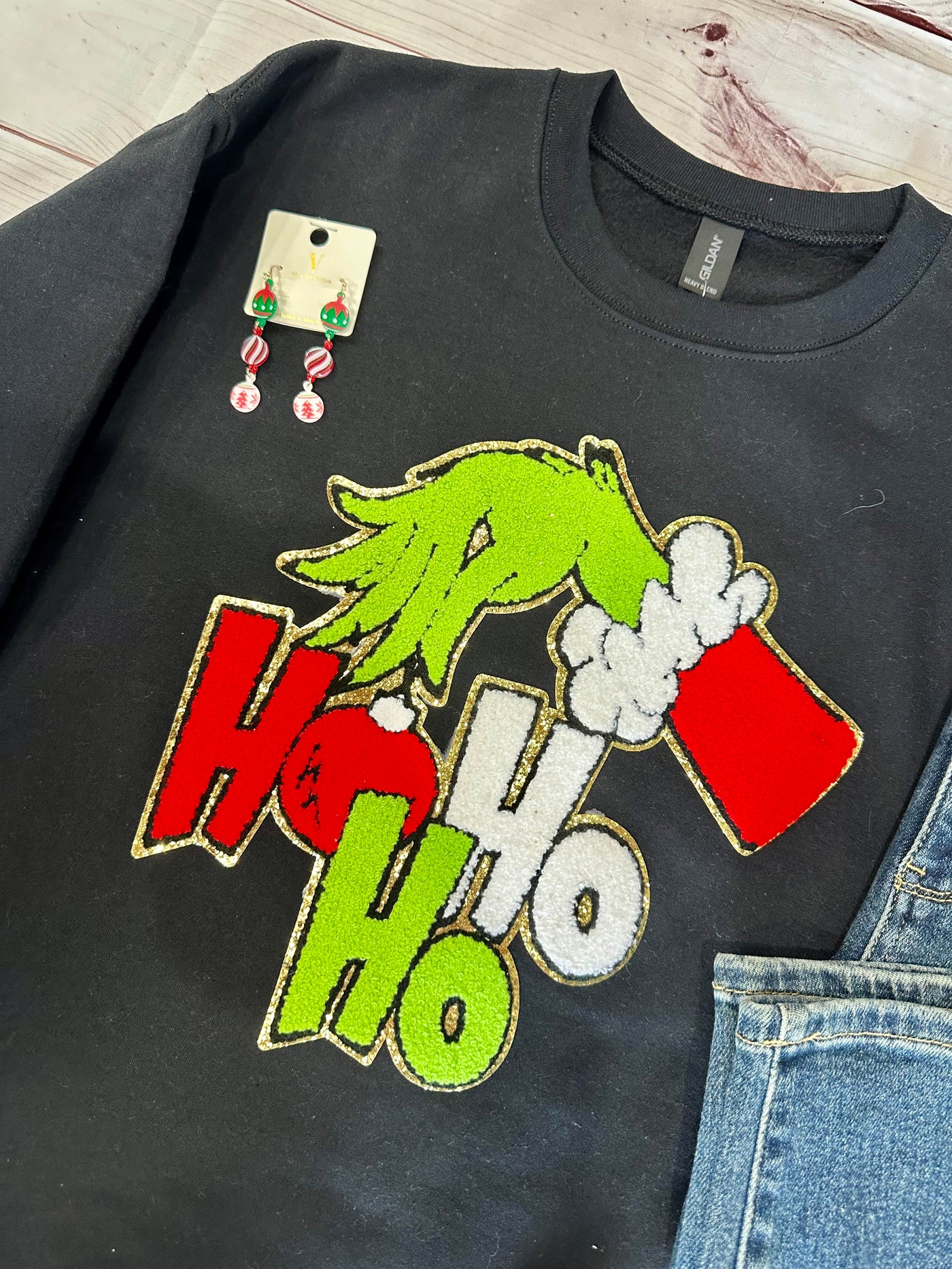 Ho Ho Ho Grinch Chenille Sweatshirt on Black