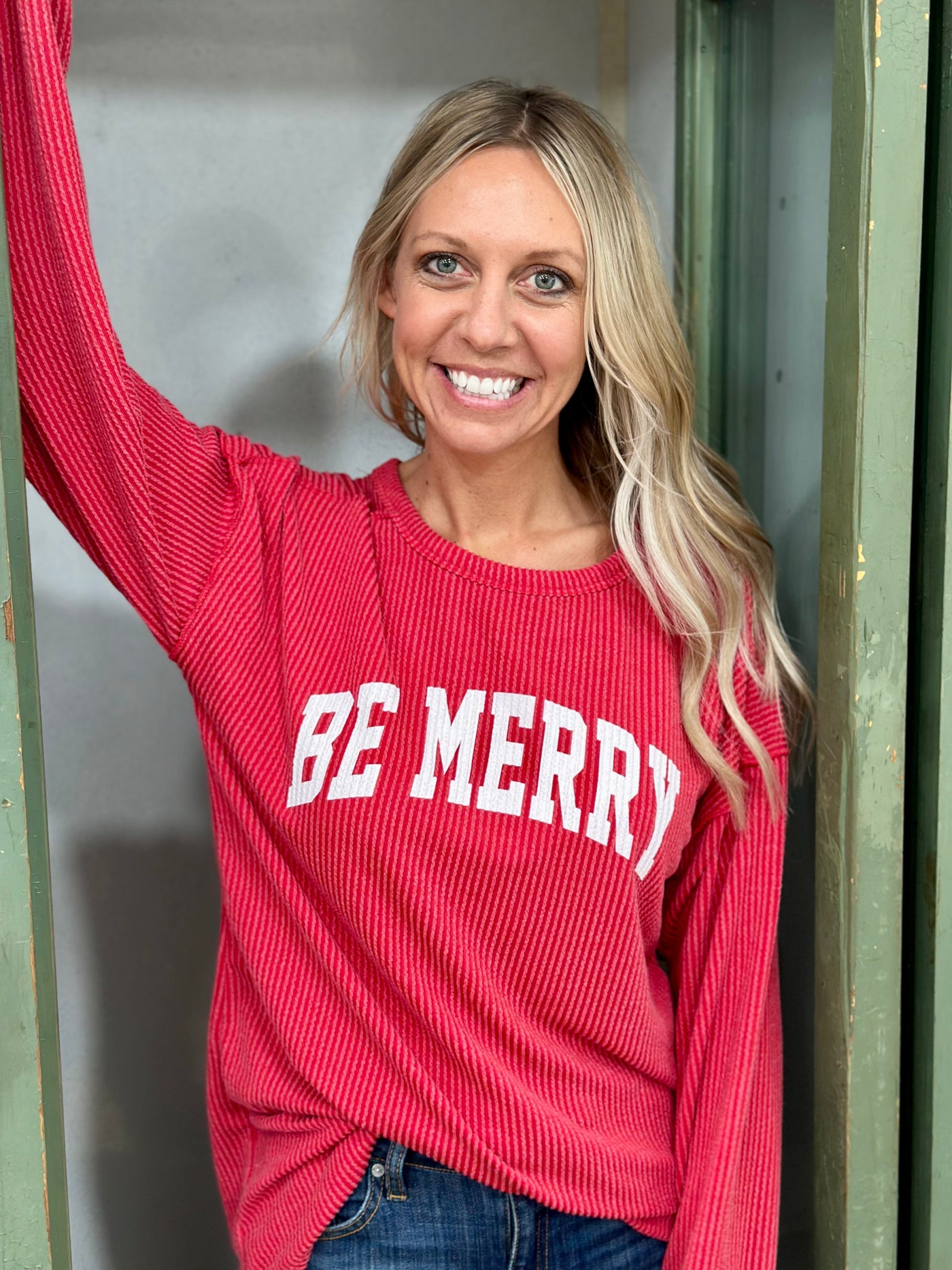 Curvy "Be Merry" LONG PUFF SLEEVE RIBBED TOP