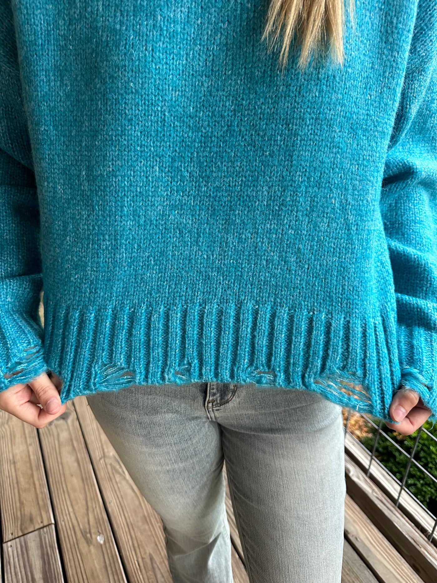 Blue Mock Neck Solid Cozy Sweater Top w/ Distressed Hem