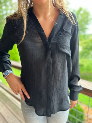 BLACK MANDARIN COLLAR PATCH POCKET CUFFED LONG SLEEVE TOP Final Sale