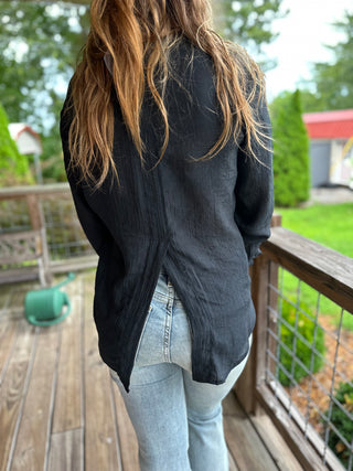 BLACK MANDARIN COLLAR PATCH POCKET CUFFED LONG SLEEVE TOP Final Sale
