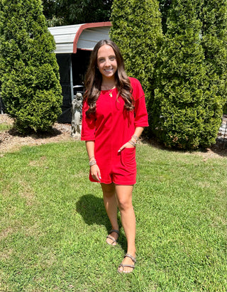 Red Raw Edge Romper w/ Pockets