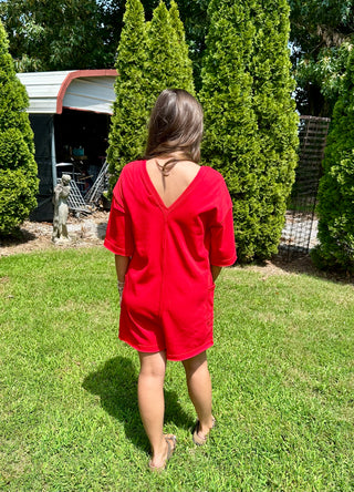 Red Raw Edge Romper w/ Pockets