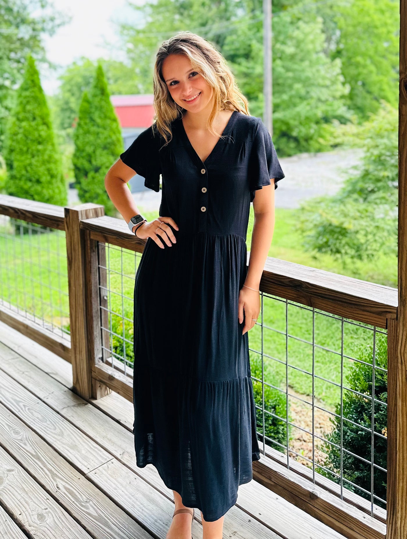 BLACK BUTTERFLY SLEEVES BUTTON UP SHIRRED MAXI DRESS