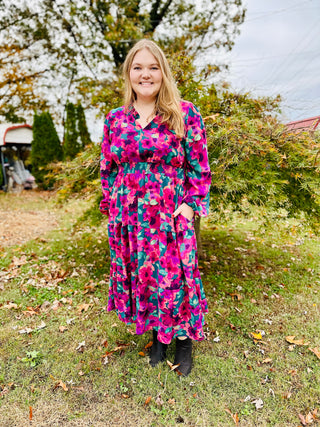 CURVY FLORAL MAXI LENGTH SMOCKED WAIST WOVEN DRESS w/ POCKETS Final Sale