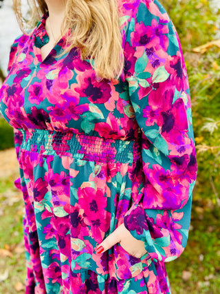 CURVY FLORAL MAXI LENGTH SMOCKED WAIST WOVEN DRESS w/ POCKETS Final Sale