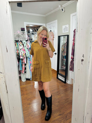 Camel Short Sleeve Garment Washed Casual Shift Dress