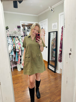Olive Short Sleeve Garment Washed Casual Shift Dress
