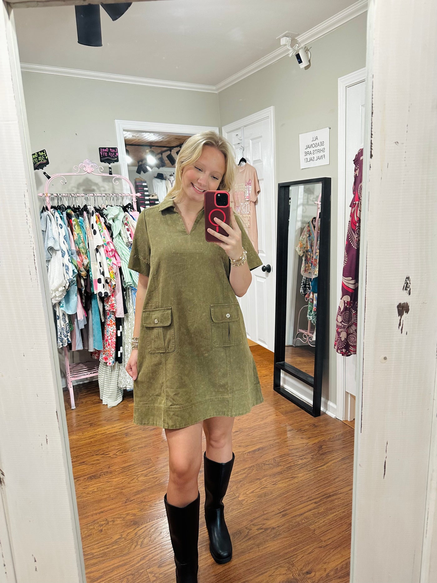Olive Short Sleeve Garment Washed Casual Shift Dress M