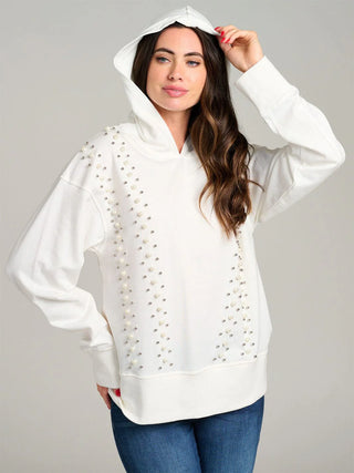 IVORY LONG SLEEVE PEARL DETAILED HOODED PULLOVER SWEATER
