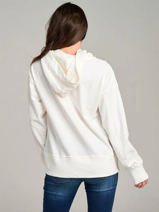IVORY LONG SLEEVE PEARL DETAILED HOODED PULLOVER SWEATER