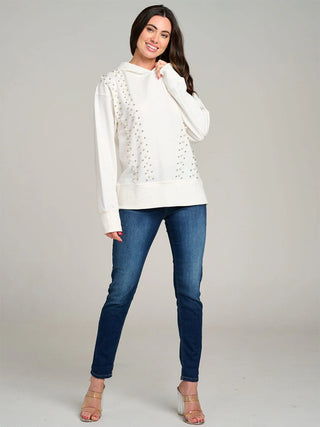 IVORY LONG SLEEVE PEARL DETAILED HOODED PULLOVER SWEATER