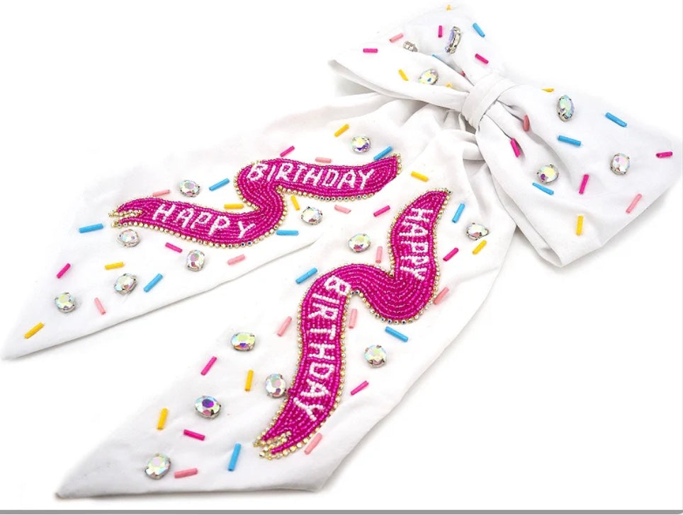 Happy Birthday Bow with Multi Color Crystal Accents