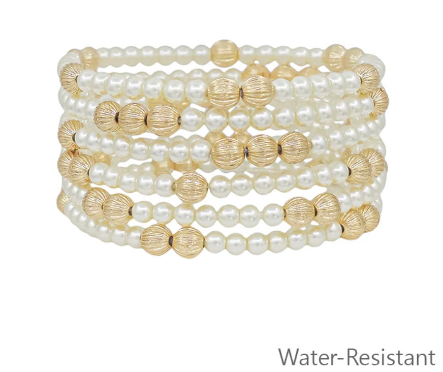 Water Resistant Gold Textured and Pearl Beaded Bracelets