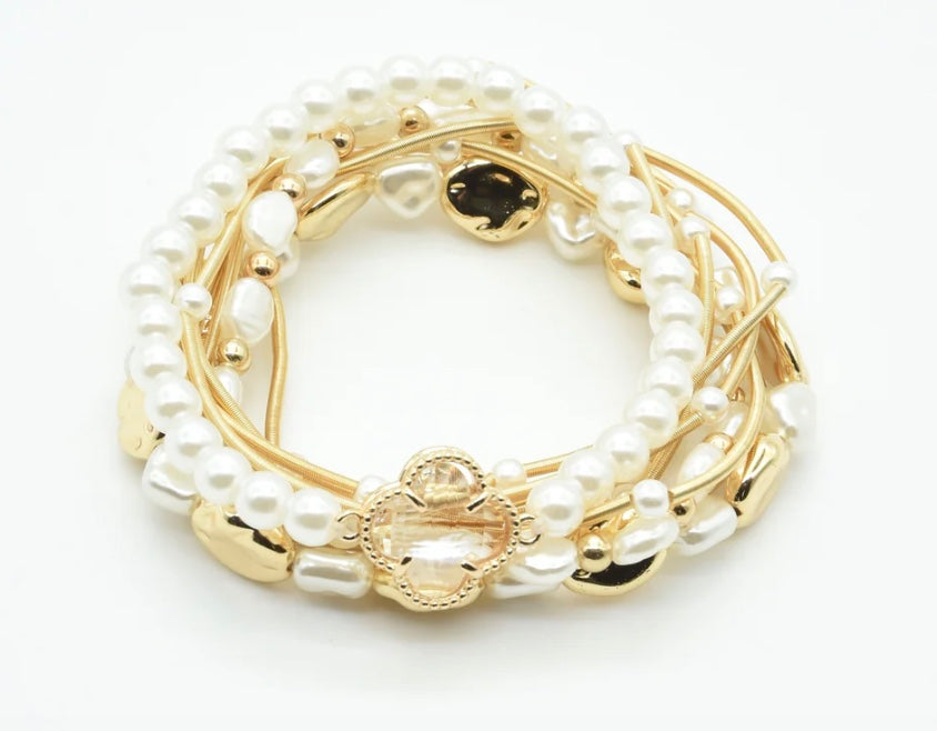 Gold Stretch Bracelet w/Pearls and Clover Multi Bracelet Set