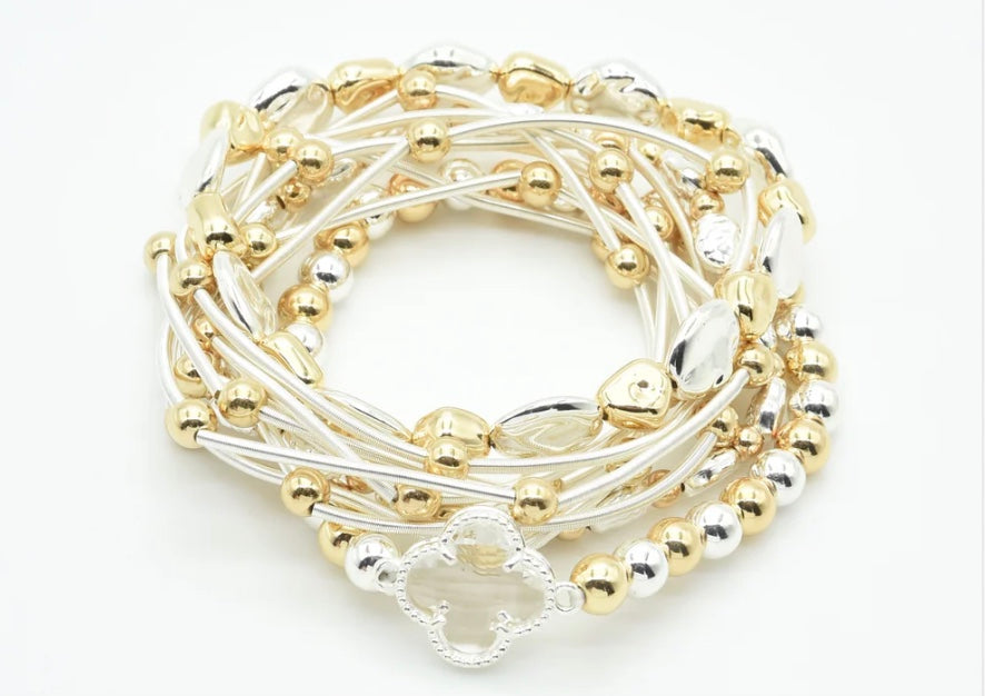 Silver Strands Bracelet Set w/Gold Beaded and Clover Accent