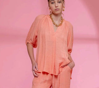 Curvy Dusty Peach Scrunched V Neck Elastic Short Sleeve Top Final Sale