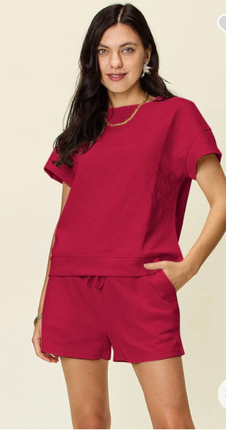 Textured Short Sleeve Top and Drawstring Short Set (6 Colors) Final Sale