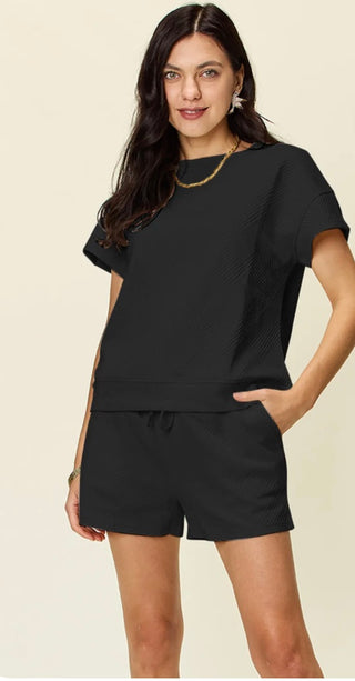 Textured Short Sleeve Top and Drawstring Short Set (6 Colors) Final Sale