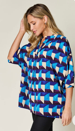 Curvy Sky Blue Geometric Notched Half Sleeve Blouse Final Sale
