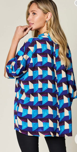 Curvy Sky Blue Geometric Notched Half Sleeve Blouse Final Sale