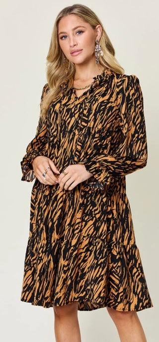 Caramel Printed Ruffle Hem Long Sleeve Dress Final Sale