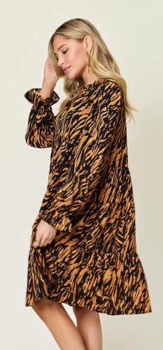 Caramel Printed Ruffle Hem Long Sleeve Dress Final Sale