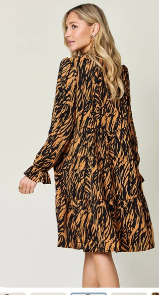 Caramel Printed Ruffle Hem Long Sleeve Dress Final Sale
