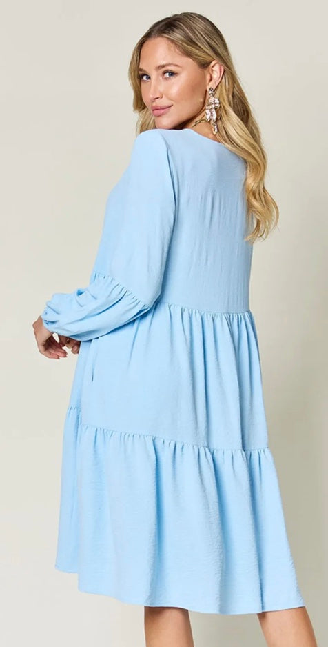 V-Neck Balloon Sleeve Tiered Dress (5 Colors)